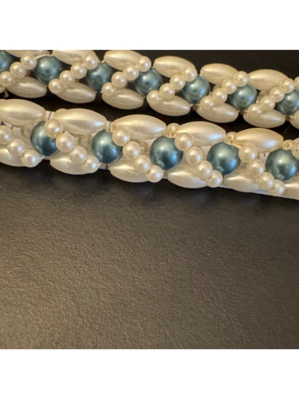 VTG Beaded Braided Necklace Plastic Faux Pearls & Metallic Blue Beads 33" Long - Picture 6 of 7